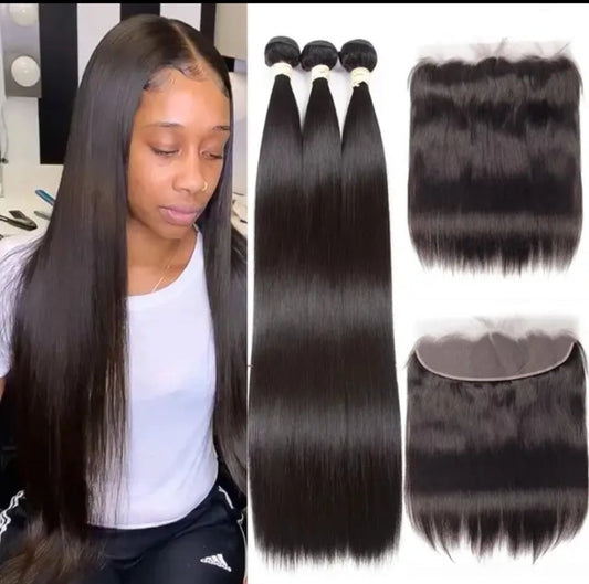 3 Bundles with Closure Unprocessed Natural Bone Straight Human Hair