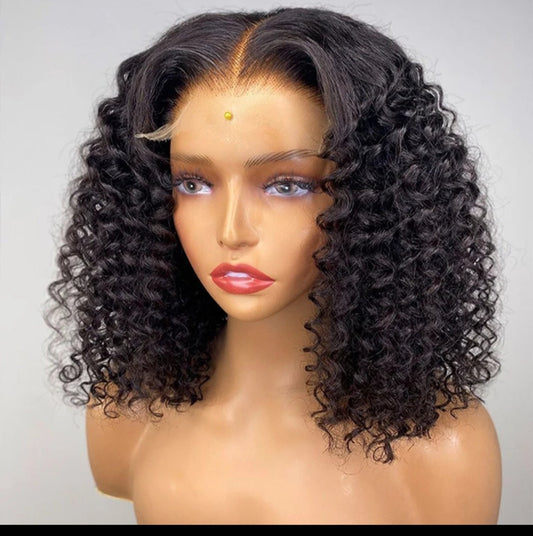 Pre- plucked Curly HD Lace Bob Wig       100% Brazilian Human Hair Wig