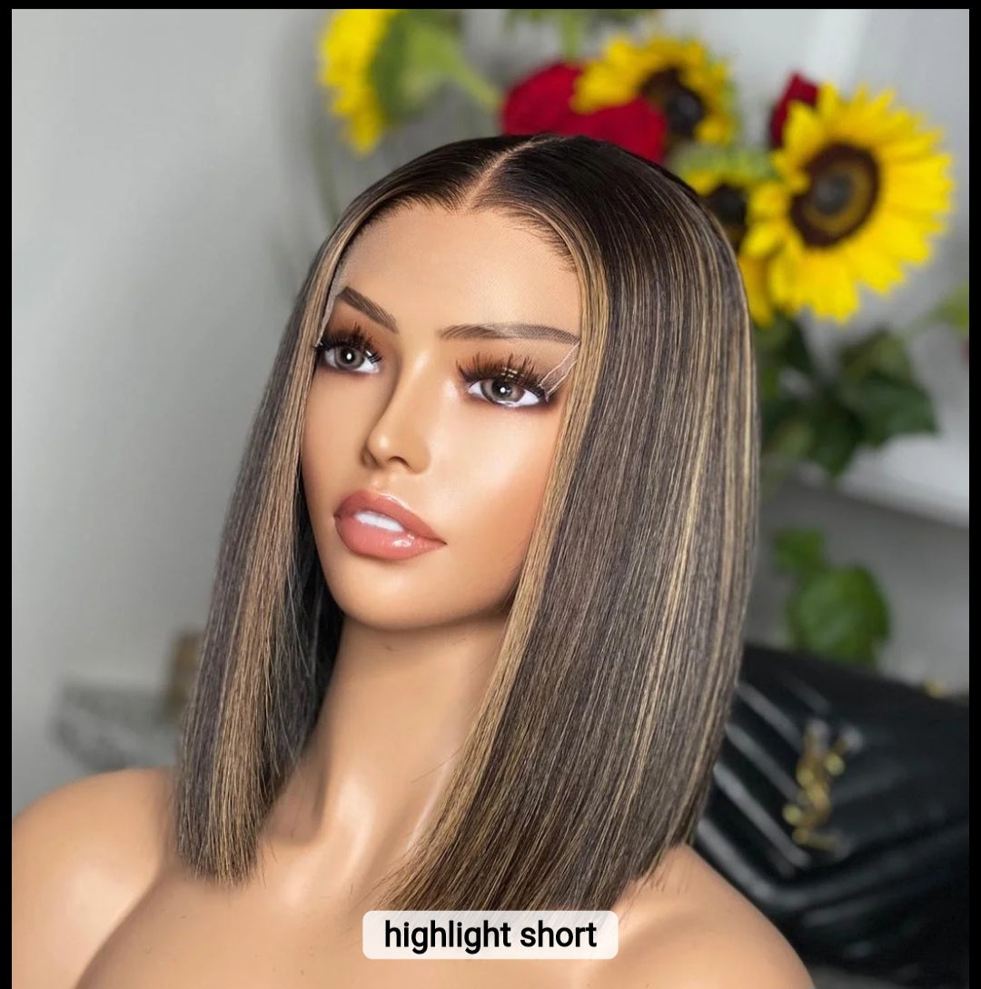 100% Unprocessed Human hair  HD Lace Highlight Bone Straight Bob