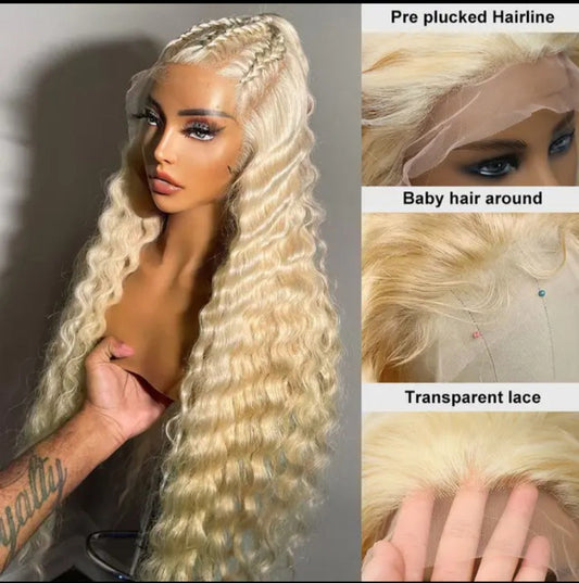 Perruque Lace Wig Deep Wave 613 HD brésilienne 100% cheveux humains 