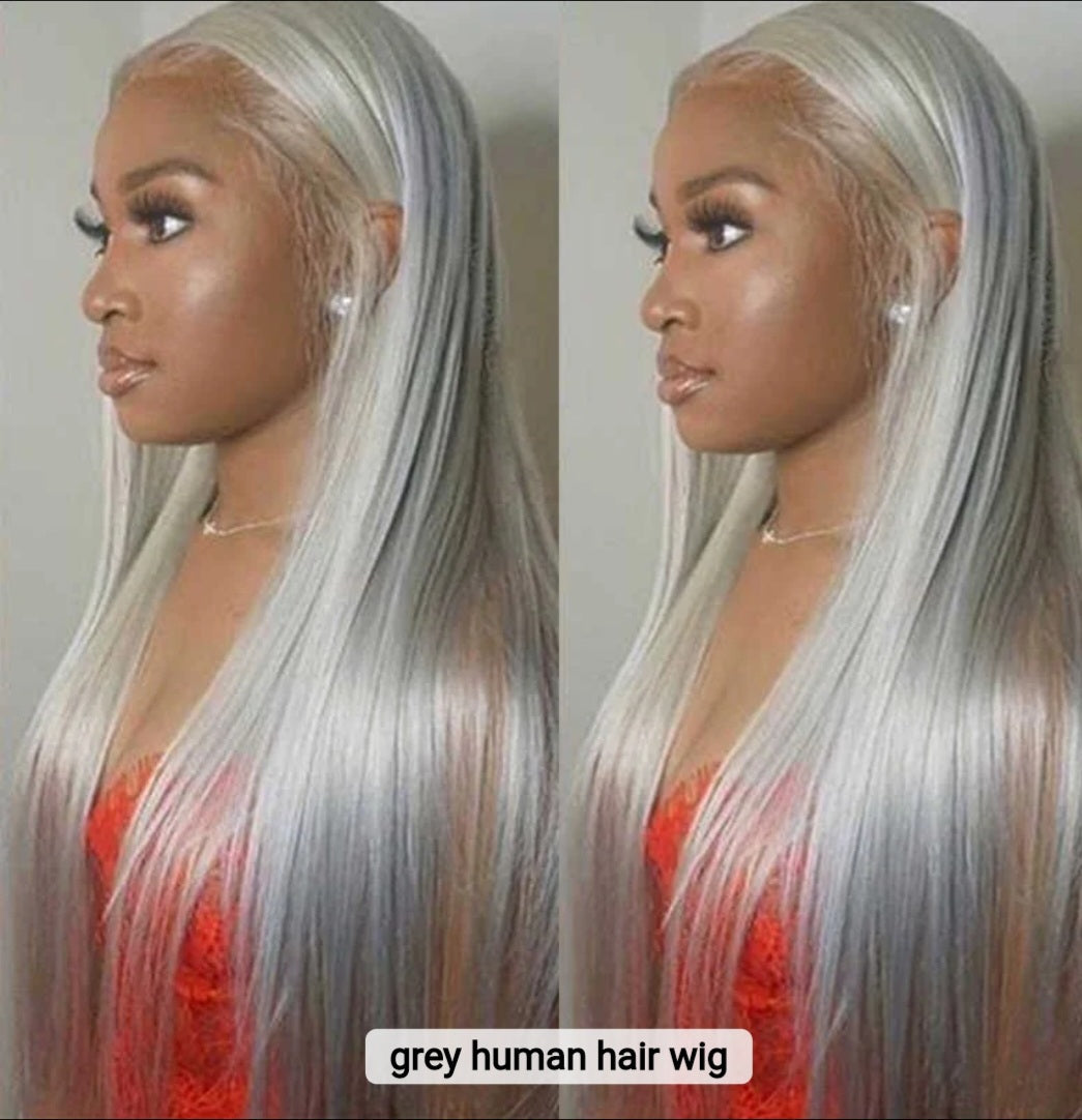 Grey Color Straight HD Lace Wig       100% Human Hair