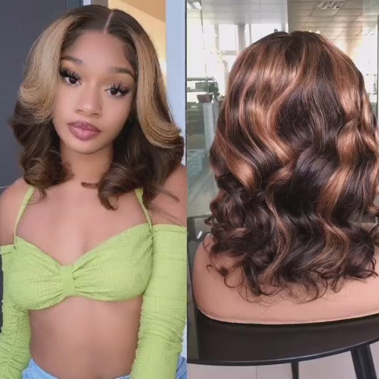 100% Unprocessed Human hair Highlight Body Wave Short HD Lace Wig